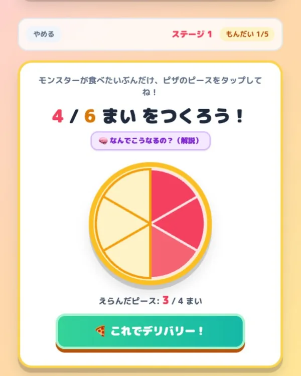 分数アプリのステージ1。「4/6まいをつくろう!」の問題で、ピザのピースを3枚選んだところ