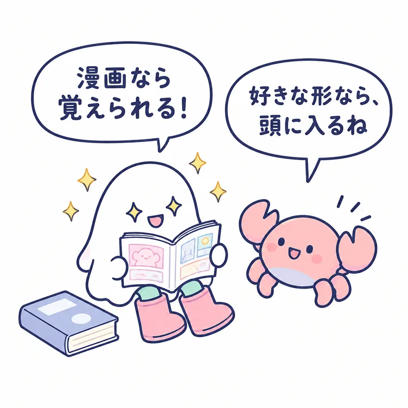 1コマ漫画:漫画を読むおばけが「漫画なら覚えられる!」、蟹ちゃんが「好きな形なら、頭に入るね」