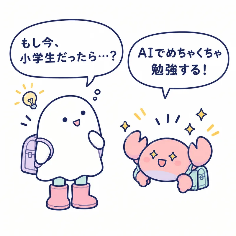 1コマ漫画:ランドセルを背負ったおばけが「もし今、小学生だったら…?」、蟹ちゃんが「AIでめちゃくちゃ勉強する!」