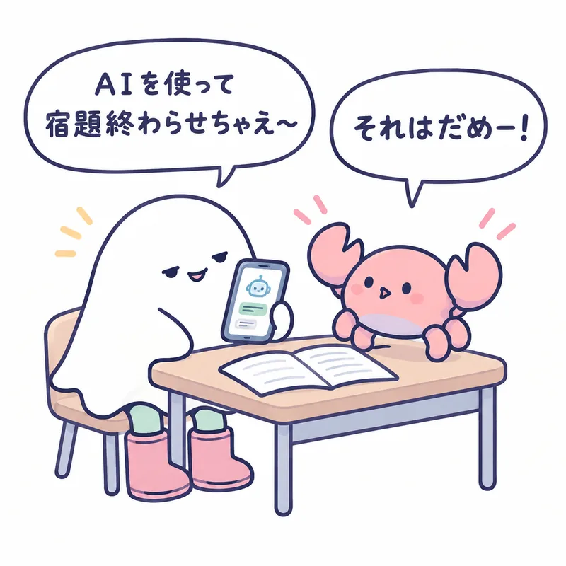 1コマ漫画:スマホを持ったおばけが「AIを使って宿題終わらせちゃえ〜」、蟹ちゃんが「それはだめー!」