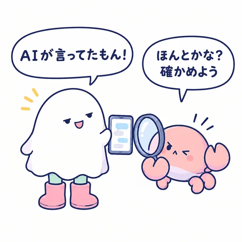 1コマ漫画:スマホを掲げたおばけが「AIが言ってたもん!」、虫めがねで画面を見る蟹ちゃんが「ほんとかな?確かめよう」