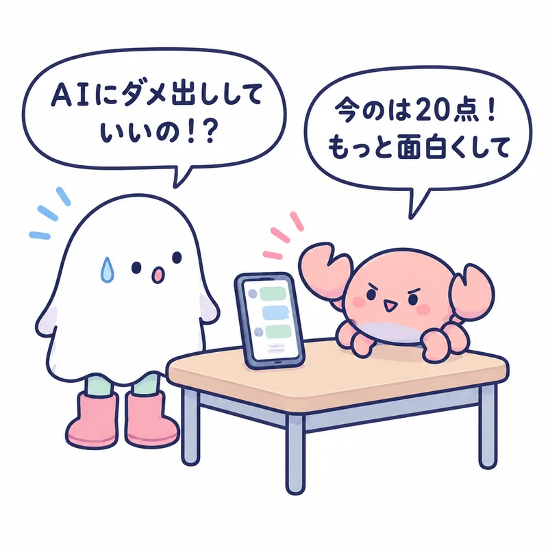 1コマ漫画:蟹ちゃんがスマホに「今のは20点!もっと面白くして」、おばけが「AIにダメ出ししていいの!?」