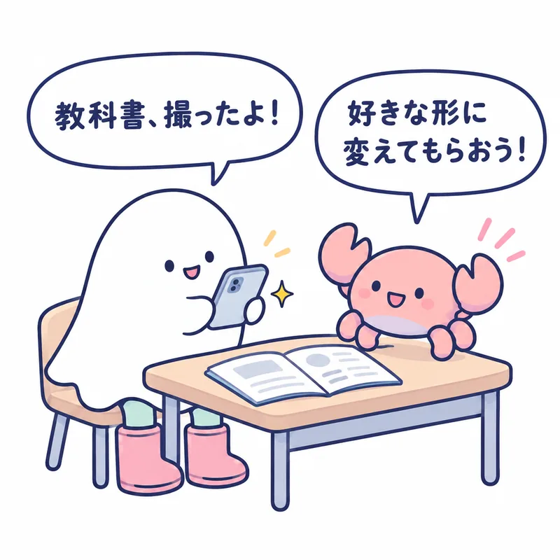 1コマ漫画:教科書をスマホで撮ったおばけが「教科書、撮ったよ!」、蟹ちゃんが「好きな形に変えてもらおう!」