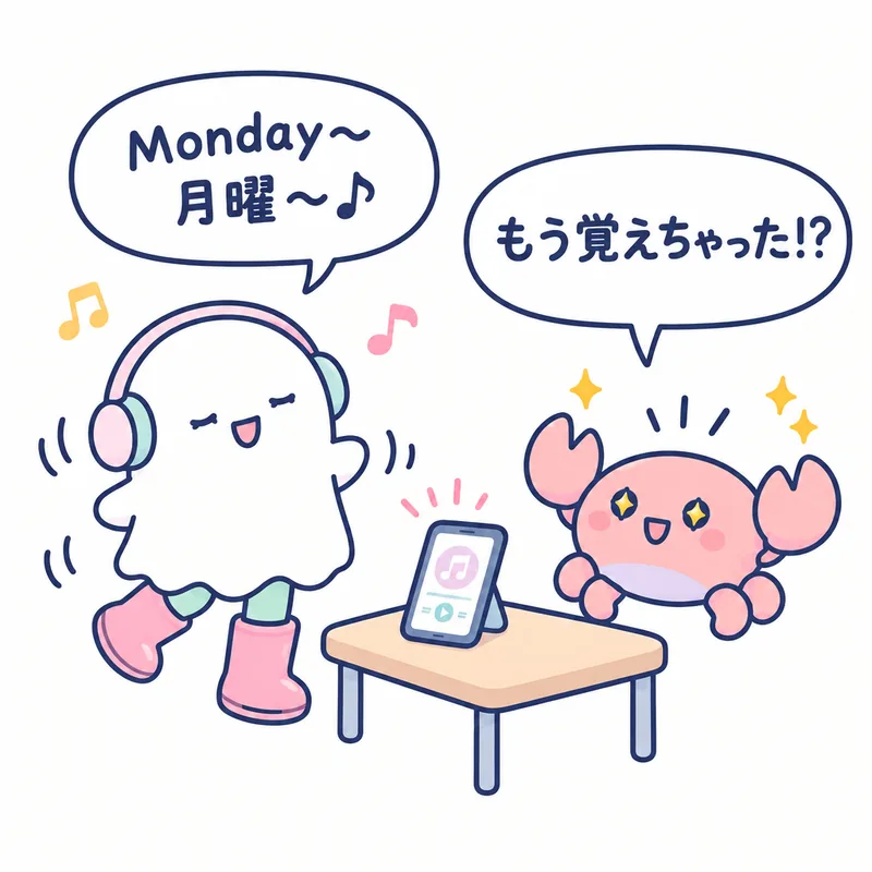 1コマ漫画:ヘッドホンをしたおばけが「Monday〜 月曜〜♪」と歌い、蟹ちゃんが「もう覚えちゃった!?」と驚く