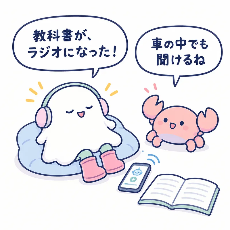 1コマ漫画:ヘッドホンで聞いているおばけが「教科書が、ラジオになった!」、蟹ちゃんが「車の中でも聞けるね」