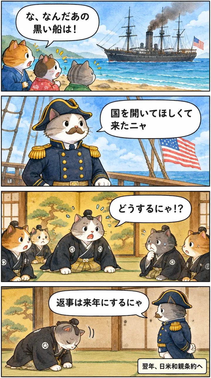 ペリー来航をねこで描いた4コマ漫画